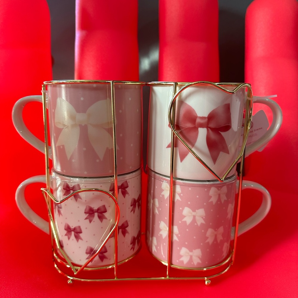 NWT Adorable Bow Coffee Mugs In Caddy Valentines Day Gift Big Cups